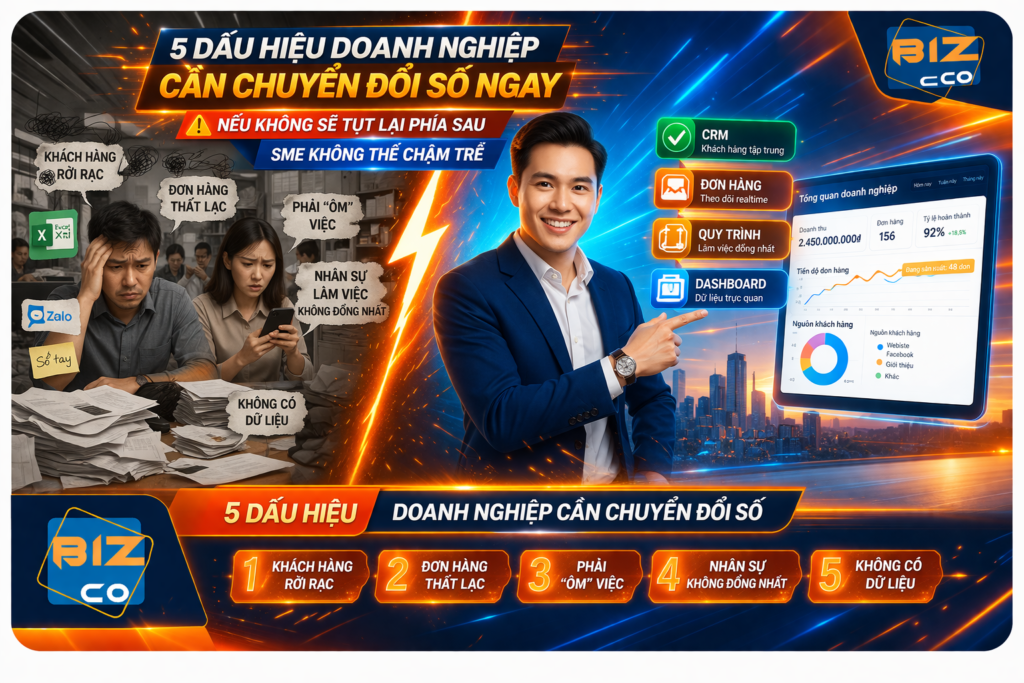 Hình ảnh minh họa 5 dấu hiệu cho thấy doanh nghiệp cần chuyển đổi số ngay, bao gồm quản lý khách hàng rời rạc, đơn hàng thất lạc, chủ doanh nghiệp phải “ôm việc”, nhân sự làm việc không đồng nhất và thiếu dữ liệu quản trị. Bizco cung cấp giải pháp chuyển đổi số giúp doanh nghiệp xây dựng hệ thống CRM, quản lý đơn hàng và dashboard vận hành hiệu quả, từ đó kiểm soát tốt hơn và phát triển bền vững.