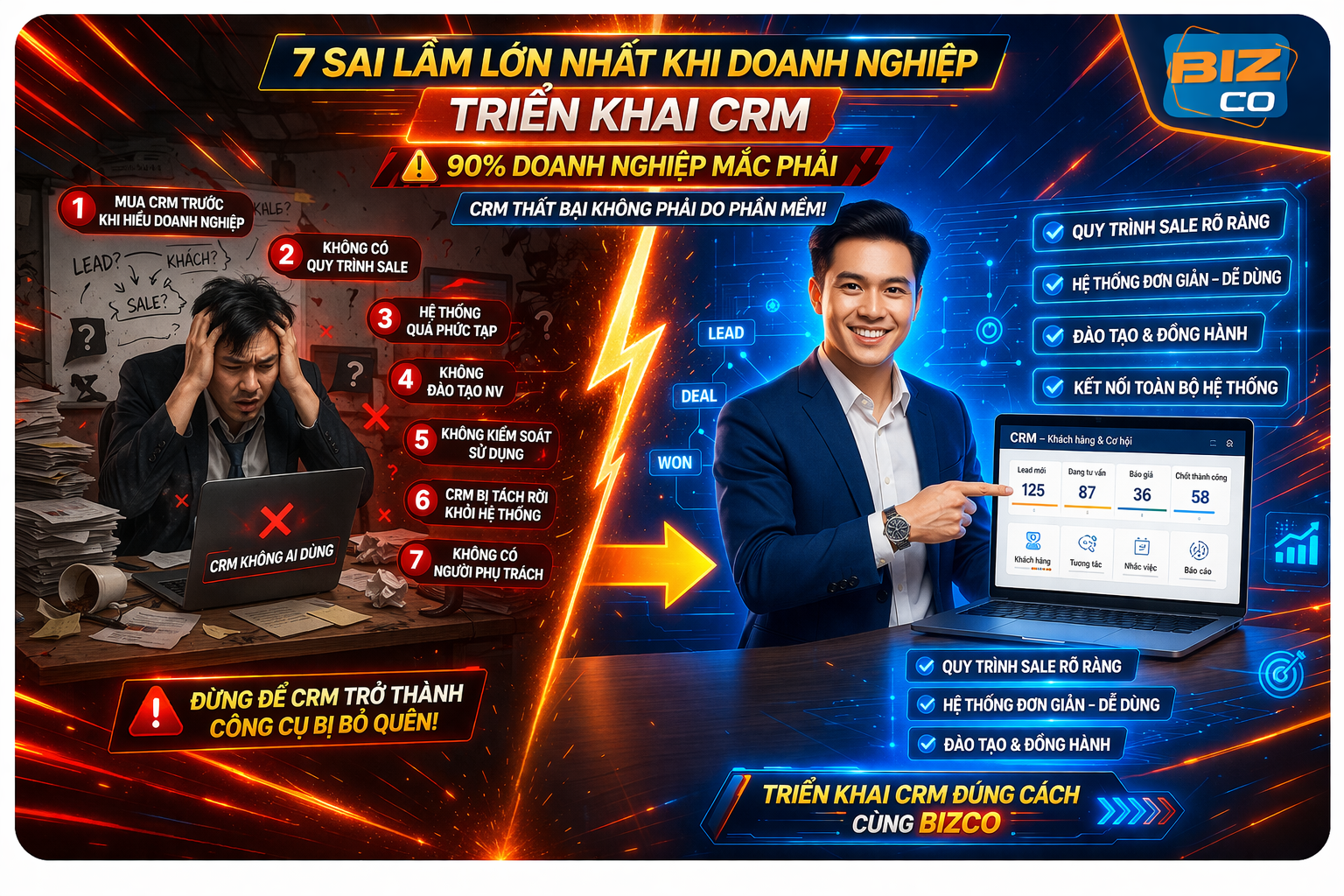 Hình ảnh minh họa 7 sai lầm phổ biến khi triển khai CRM trong doanh nghiệp như không có quy trình sale, hệ thống quá phức tạp, không đào tạo nhân sự và thiếu kiểm soát sử dụng. Bizco cung cấp giải pháp chuyển đổi số giúp doanh nghiệp xây dựng hệ thống CRM đơn giản, dễ dùng, kết nối toàn bộ quy trình và tối ưu hiệu quả kinh doanh.