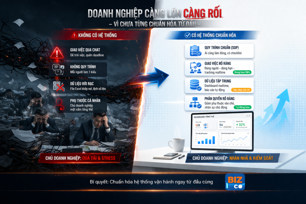 Doanh nghiệp càng lớn càng rối do thiếu hệ thống vận hành, hình ảnh so sánh giữa doanh nghiệp không có quy trình và doanh nghiệp đã chuẩn hóa với quản lý công việc, dữ liệu realtime.