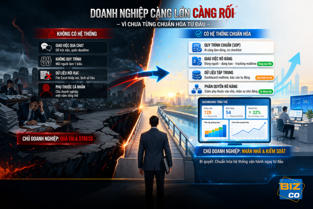 Doanh nghiệp chuyển đổi từ rối loạn sang hệ thống vận hành chuẩn hóa, hình ảnh minh họa hành trình từ quản lý thủ công sang quản lý bằng quy trình, dữ liệu realtime và dashboard.