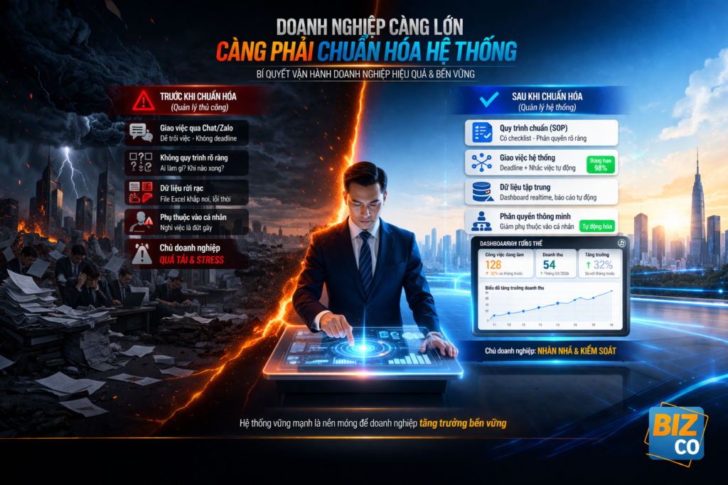Doanh nghiệp chuyển đổi từ quản lý thủ công sang hệ thống vận hành chuẩn hóa với quy trình SOP, dữ liệu tập trung và dashboard realtime giúp kiểm soát và tăng trưởng bền vững.