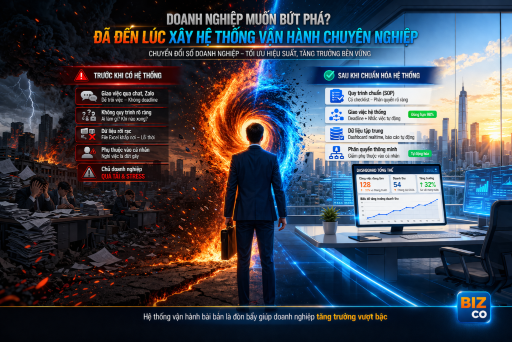 Doanh nghiệp chuyển đổi từ rối loạn sang hệ thống vận hành chuyên nghiệp, minh họa giải pháp chuẩn hóa quy trình, dữ liệu realtime và dashboard giúp tăng trưởng bền vững.