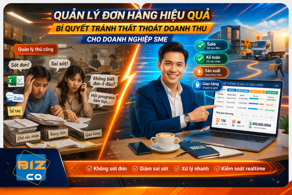 Hình ảnh minh họa giải pháp quản lý đơn hàng hiệu quả cho doanh nghiệp SME, thể hiện sự khác biệt giữa cách quản lý thủ công bằng Excel, Zalo, sổ tay và hệ thống quản trị đơn hàng hiện đại. Bizco cung cấp giải pháp chuyển đổi số giúp doanh nghiệp theo dõi tiến độ đơn hàng realtime, giảm sai sót, tránh thất thoát doanh thu và tối ưu vận hành.