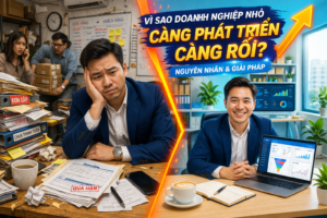 Hình ảnh minh họa tình trạng doanh nghiệp nhỏ càng phát triển càng rối do thiếu hệ thống quản trị, dữ liệu phân tán và quy trình không rõ ràng. Bizco cung cấp giải pháp chuyển đổi số giúp doanh nghiệp xây dựng CRM khách hàng, quản lý đơn hàng và dashboard vận hành hiệu quả, từ đó kiểm soát tốt hơn và phát triển bền vững.