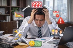 Hình ảnh người quản lý doanh nghiệp đang căng thẳng vì công việc, thể hiện tình trạng vận hành rối, thiếu hệ thống quản lý hiệu quả. Đây là vấn đề phổ biến trong các doanh nghiệp chưa chuyển đổi số, khi công việc phụ thuộc vào con người và thiếu quy trình rõ ràng.