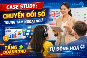 Hình ảnh minh họa case study chuyển đổi số trung tâm ngoại ngữ với hệ thống CRM, quản lý lớp học và tự động hóa vận hành. Giải pháp giúp doanh nghiệp đào tạo tối ưu quy trình từ marketing, sale, xếp lớp đến chăm sóc học viên, tăng tỷ lệ chuyển đổi và doanh thu bền vững. Đây là mô hình được triển khai bởi Bizco giúp các trung tâm đào tạo mở rộng quy mô và vận hành hiệu quả hơn.