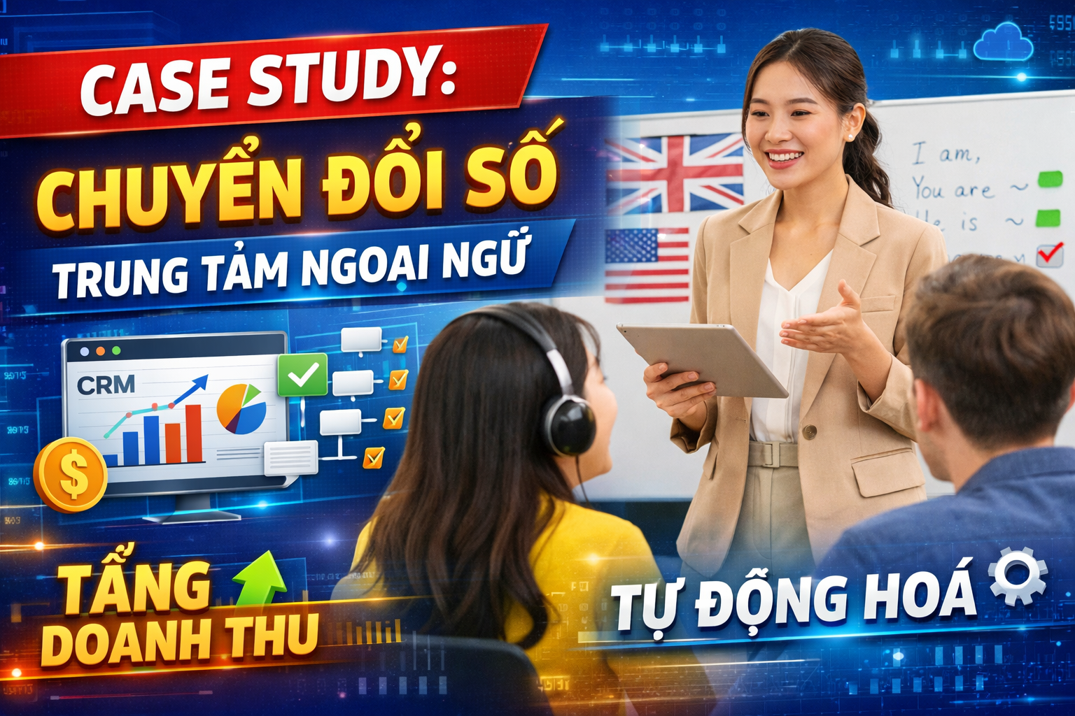 Hình ảnh minh họa case study chuyển đổi số trung tâm ngoại ngữ với hệ thống CRM, quản lý lớp học và tự động hóa vận hành. Giải pháp giúp doanh nghiệp đào tạo tối ưu quy trình từ marketing, sale, xếp lớp đến chăm sóc học viên, tăng tỷ lệ chuyển đổi và doanh thu bền vững. Đây là mô hình được triển khai bởi Bizco giúp các trung tâm đào tạo mở rộng quy mô và vận hành hiệu quả hơn.