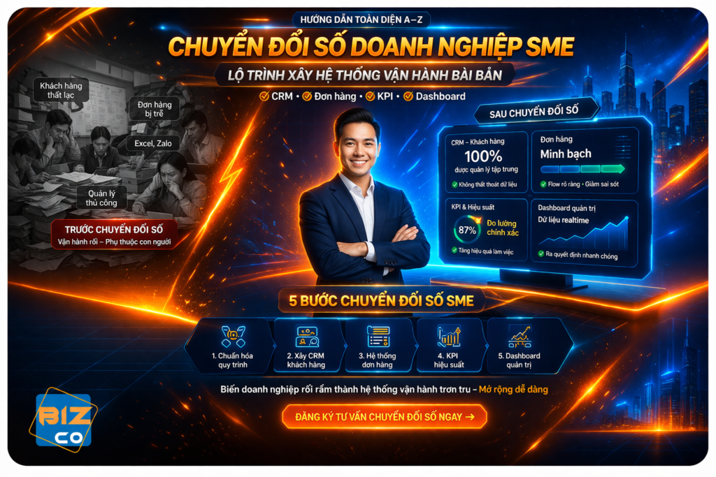 Hình ảnh minh họa lộ trình chuyển đổi số doanh nghiệp SME từ A-Z, bao gồm xây dựng CRM quản lý khách hàng, hệ thống đơn hàng, KPI đo lường hiệu suất và dashboard quản trị realtime. Bizco cung cấp giải pháp chuyển đổi số giúp doanh nghiệp vận hành rõ ràng, giảm sai sót, kiểm soát toàn bộ và mở rộng bền vững.