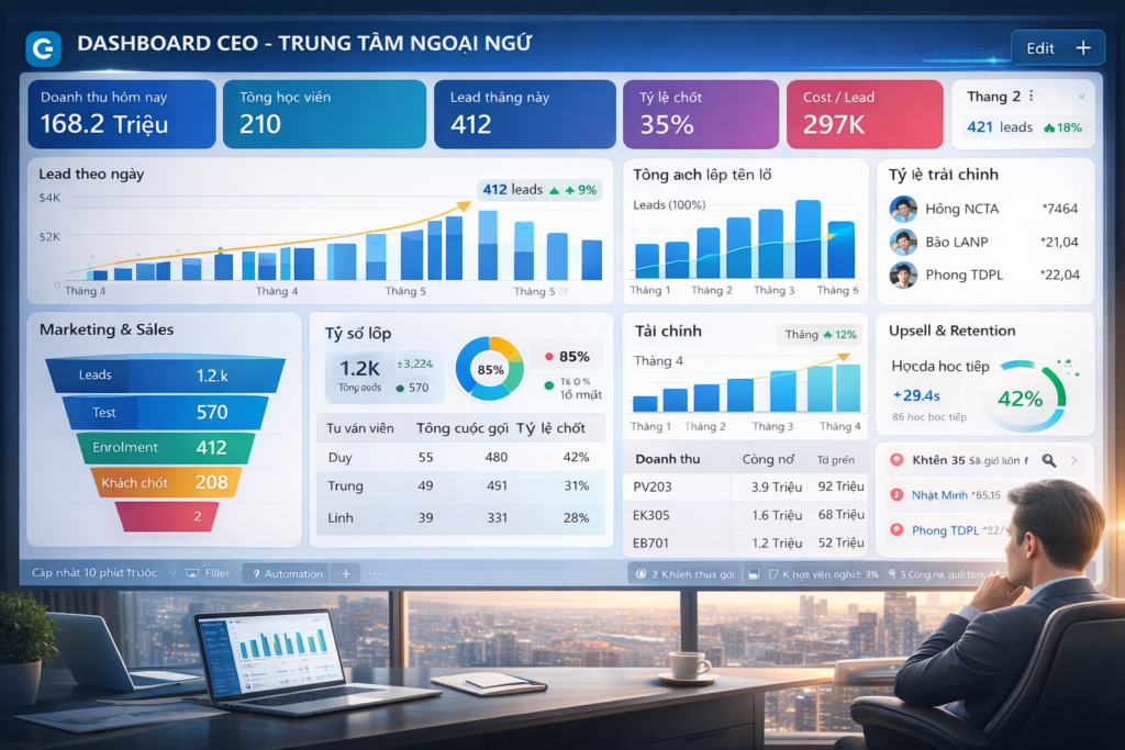 Hình ảnh dashboard CEO dành cho trung tâm ngoại ngữ trong quá trình chuyển đổi số, hiển thị đầy đủ các chỉ số quan trọng như doanh thu, số lượng học viên, lead, tỷ lệ chuyển đổi, chi phí marketing, tài chính và hiệu suất vận hành. Dashboard được thiết kế theo hướng trực quan, dễ sử dụng, giúp nhà quản lý theo dõi tình hình kinh doanh theo thời gian thực, phát hiện vấn đề nhanh chóng và đưa ra quyết định chính xác. Đây là giải pháp quan trọng giúp các trung tâm đào tạo tối ưu vận hành, tăng trưởng doanh thu và mở rộng quy mô bền vững.