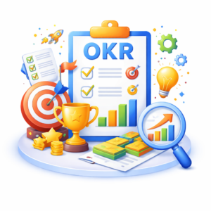 Hình ảnh icon OKR (Objectives and Key Results) thể hiện phương pháp quản trị mục tiêu trong doanh nghiệp, giúp đo lường hiệu suất và định hướng phát triển rõ ràng. Ứng dụng OKR trong chuyển đổi số giúp doanh nghiệp tập trung vào mục tiêu quan trọng, nâng cao hiệu quả làm việc và đồng bộ toàn bộ đội ngũ.