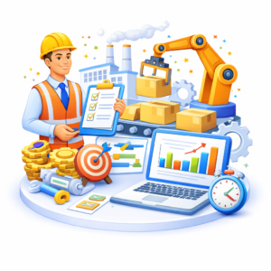 Hình ảnh icon quản lý sản xuất trong doanh nghiệp, thể hiện quy trình điều phối sản xuất, kiểm soát tiến độ và tối ưu vận hành. Giải pháp quản lý sản xuất giúp doanh nghiệp đồng bộ dữ liệu, tăng hiệu suất làm việc và giảm sai sót trong quá trình sản xuất khi thực hiện chuyển đổi số.