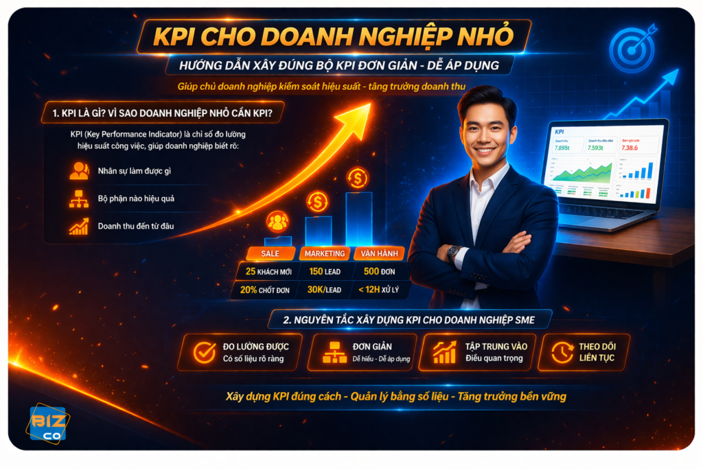 Hình ảnh minh họa hệ thống KPI cho doanh nghiệp nhỏ, thể hiện cách xây dựng chỉ số đo lường hiệu suất giúp quản lý nhân sự, theo dõi doanh thu và tối ưu vận hành. Bizco cung cấp giải pháp chuyển đổi số giúp doanh nghiệp xây dựng KPI đơn giản, dễ áp dụng, kết nối với CRM và dashboard để quản lý bằng dữ liệu thay vì cảm tính.
