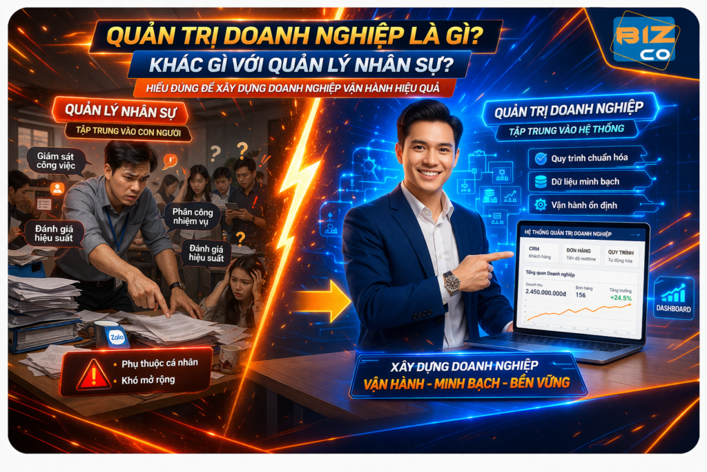 Quản trị doanh nghiệp là gì và khác gì với quản lý nhân sự, hình ảnh minh họa hệ thống vận hành doanh nghiệp hiệu quả cùng Bizco